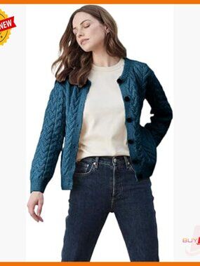 Merino Wool Cardigan Sweater Women's Chunky Knit Crewneck Patch Pockets